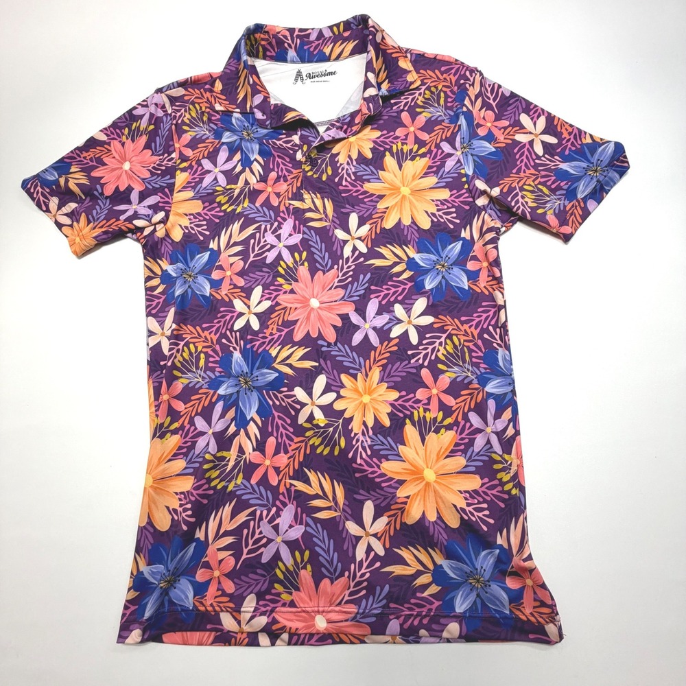Royal & Awesome Floral Polo Shirt Mens S Purple Stretch Golf Shirt‎